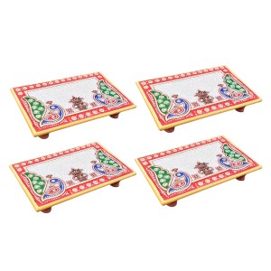 HiTechMart Makrana Marble Rectangular Puja Chowki with Hand-Painted Meenakari & Kundan Work – Decorative Bajot/Singhasan for Home Mandir, Vrat, Festivals, Pooja & Gifting Purpose (4, Rectangular)