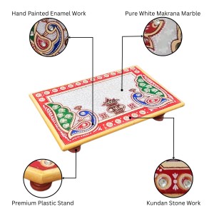 HiTechMart Makrana Marble Rectangular Puja Chowki with Hand-Painted Meenakari & Kundan Work – Decorative Bajot/Singhasan for Home Mandir, Vrat, Festivals, Pooja & Gifting Purpose (1, Rectangular)