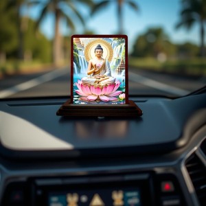Car Desk/Table Top Lord Buddha Wooden Photo Stand 3x4 Inches, Compact & Stylish Spiritual Display For Car, Home & Office (Pack Of 1) (F14411)