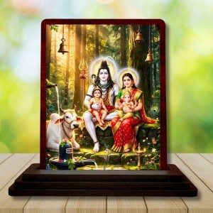 Car Desk/Table Top Lord Shiva And Parvathi Wooden Photo Stand 3x4 Inches, Compact & Stylish Spiritual Display For Car, Home & Office (Pack Of 1) (F14390)