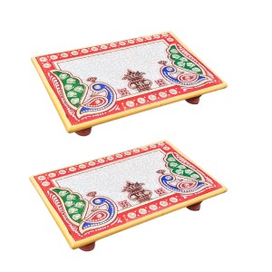 HiTechMart Makrana Marble Rectangular Puja Chowki with Hand-Painted Meenakari & Kundan Work – Decorative Bajot/Singhasan for Home Mandir, Vrat, Festivals, Pooja & Gifting Purpose (2, Rectangular)