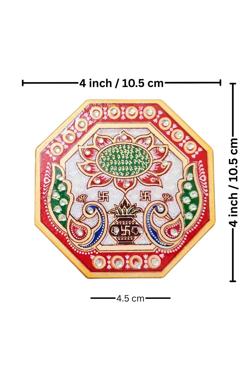 HiTechMart Handcrafted Octagon Marble Puja Chowki, Makrana Marble Pooja Platform with Kundan & Enamel Work, Decorative Pooja Chowki for Mandir, Home Temple, Festival, Gift Use – 4 Inch (1, Octagon)