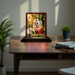 Car Desk/Table Top Lord Shiva And Parvathi Wooden Photo Stand 3x4 Inches, Compact & Stylish Spiritual Display For Car, Home & Office (Pack Of 1) (F14390)
