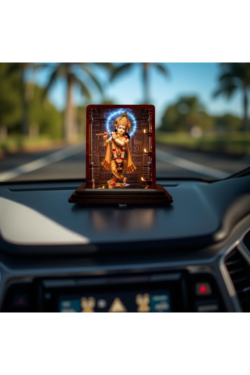 Car Desk/Table Top Lord Krishna Wooden Photo Stand 3x4 Inches, Compact & Stylish Spiritual Display For Car, Home & Office (Pack Of 1) (F14387)