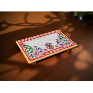 HiTechMart Makrana Marble Rectangular Puja Chowki with Hand-Painted Meenakari & Kundan Work – Decorative Bajot/Singhasan for Home Mandir, Vrat, Festivals, Pooja & Gifting Purpose (1, Rectangular)