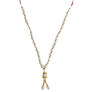Hitech Sales Artificial Pearl Garland Mala Necklace | Decorative Pearl Chain for Pooja, Mandir, and Festive Decorations | White and Gold Beads Mala with Hanging Pendant (Small, 1, Piece)