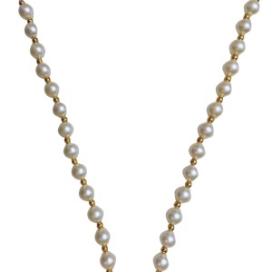 Hitech Sales Artificial Pearl Garland Mala Necklace | Decorative Pearl Chain for Pooja, Mandir, and Festive Decorations | White and Gold Beads Mala with Hanging Pendant (Small, 1, Piece)