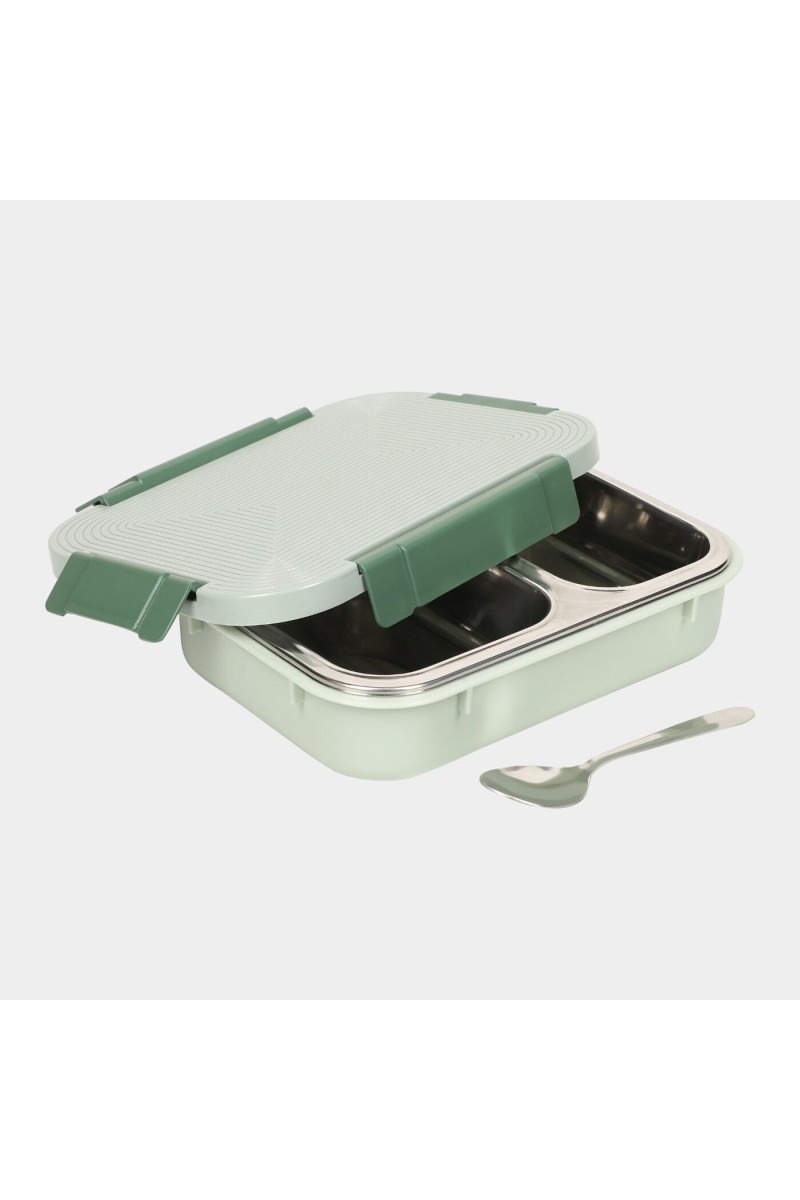 Stainless Steel Lunch Box, Container: 23 X17 X 6cm, Spoon: 13.5cm Length (Pack of 1)