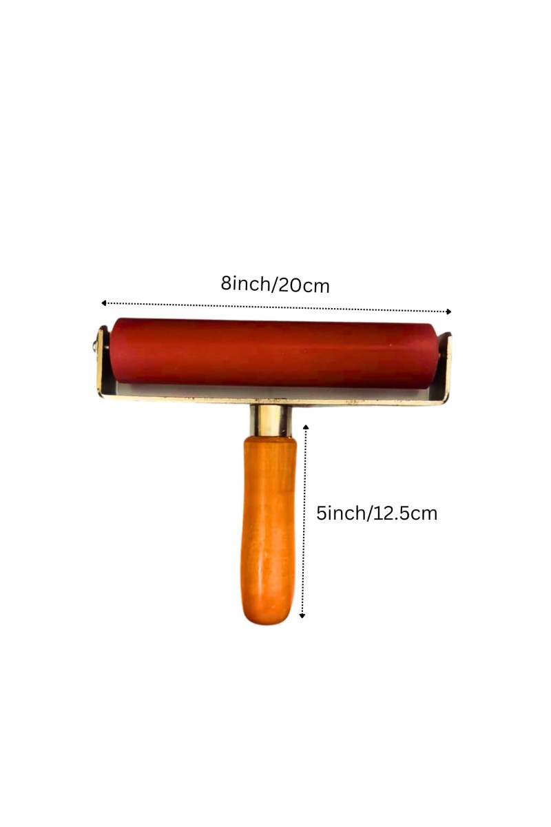 Rubber Brayer Roller with Wooden Handle – 8-Inch Ink Roller for Printmaking, Stamping, Crafting, and Scrapbooking – Durable Steel Frame & Smooth Rolling for Even Ink Application.