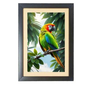 The colorful bird is sitting on tree branch Black Photo Frame Funny Animal and Bird Cartoon Art
