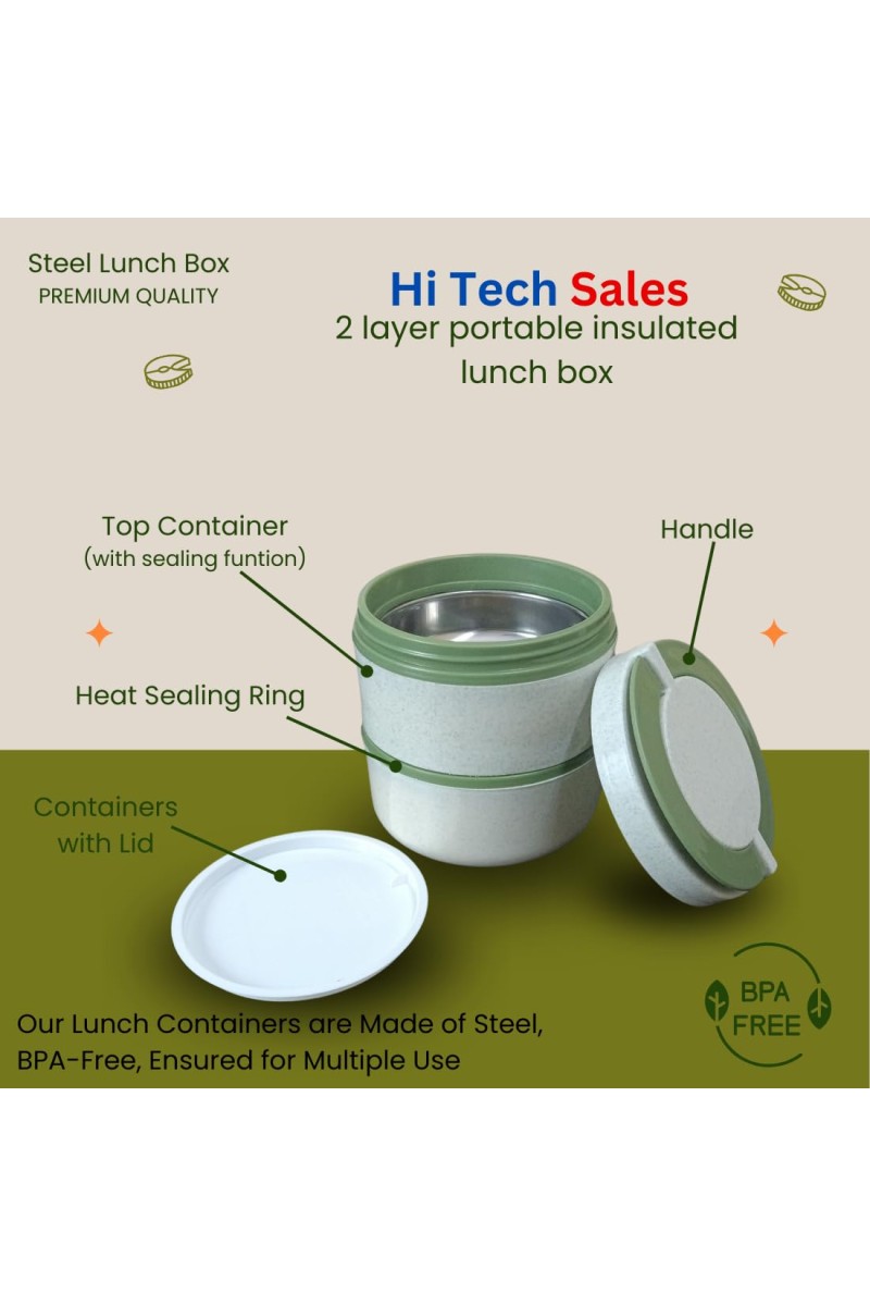 Hi Tech Sales Double Layer Lunch Box with Handle Insulated Food Storage Container for Home, Office, or Travel – Color May Vary and Stainless Steel Water Bottle 1000 ml Free