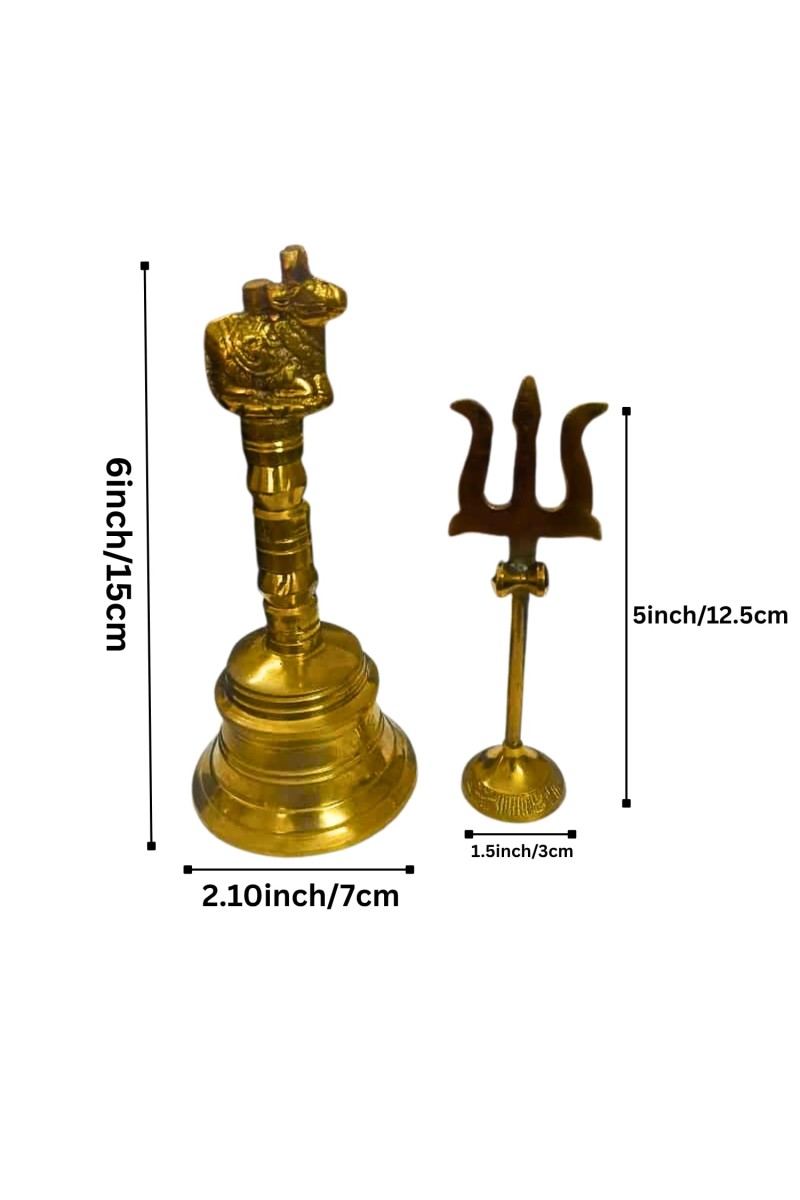 Pure Brass Nandi ghanti design with Trishul | Traditional Pooja Ghanti and Trishul Set for Mandir | Handcrafted Brass Religious Decor for Home, Temple & Festive Rituals (combo of 2)