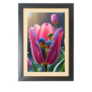 The colorful birds in the flower bud Photo Frame Funny Animal and Bird Cartoon Art, Black color, 13x17 Inch