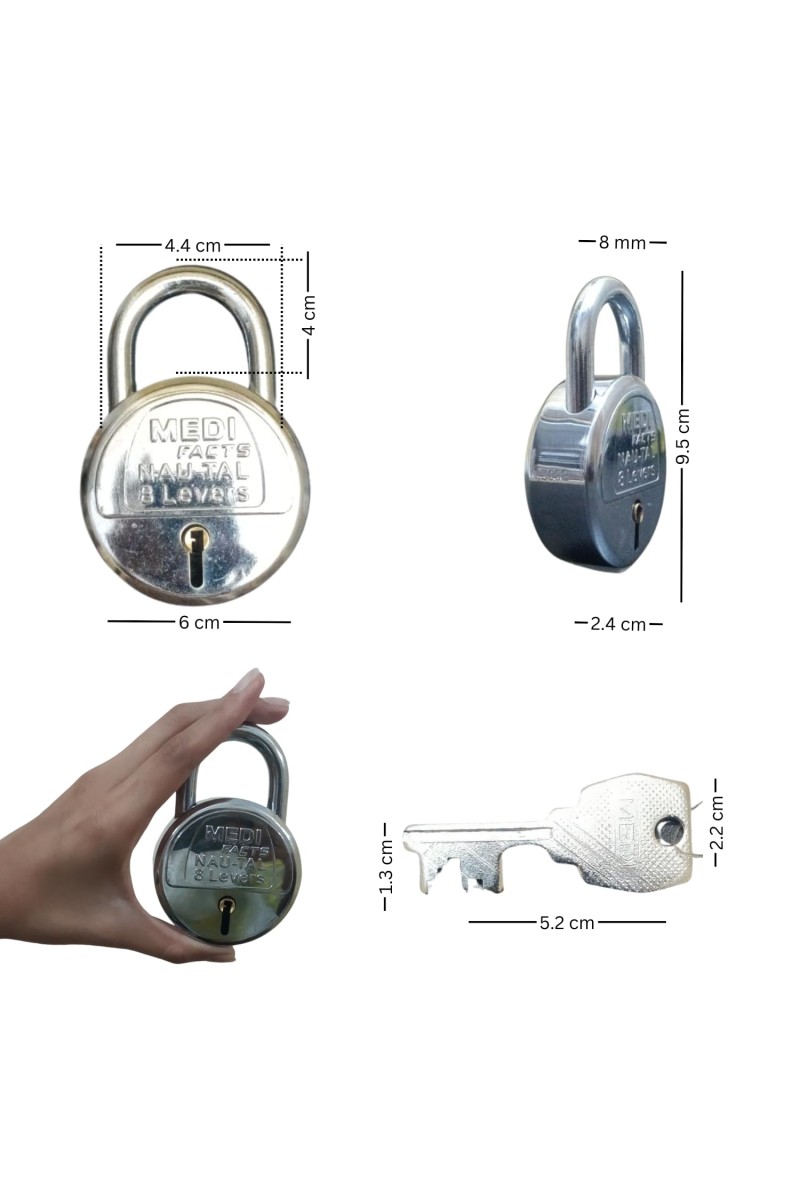 HiTechMart Heavy Duty 8-Lever Round Iron Padlock with 3 Keys, Rust-Resistant, Durable Security Lock for Home, Office, and Outdoor Use (Silver Finish)
