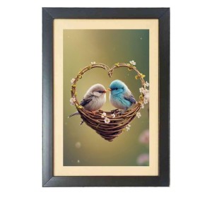 Love birds in a heart shaped nest Photo Frame Funny Animal and Bird Cartoon Art, Black color, 15x19 Inch