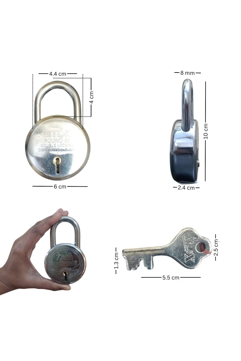 HiTechMart - METLOX Round Padlock 65mm with 8 Steel Levers, Double Locking Mechanism, Heavy Duty Iron Body with 3 Keys – Ideal for Home, Office, and Outdoor Security