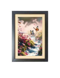 The beautiful butterfly fluttered near the flowers Photo Frame Funny Animal and Bird Cartoon Art, Black color, 15x19 Inch
