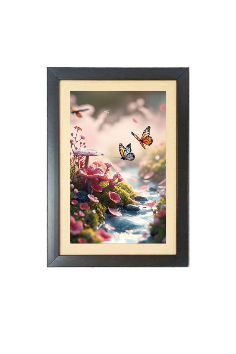 The beautiful butterfly fluttered near the flowers Photo Frame Funny Animal and Bird Cartoon Art, Black color, 15x19 Inch