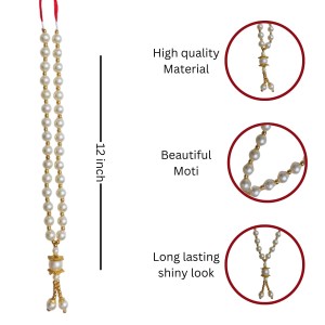 Hitech Sales Artificial Pearl Garland Mala Necklace | Decorative Pearl Chain for Pooja, Mandir, and Festive Decorations | White and Gold Beads Mala with Hanging Pendant (Small, 1, Piece)