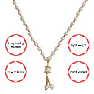 Hitech Sales Artificial Pearl Garland Mala Necklace | Decorative Pearl Chain for Pooja, Mandir, and Festive Decorations | White and Gold Beads Mala with Hanging Pendant (Small, 1, Piece)
