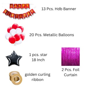 Happy Birthday Decoration Combo Set - 20 Pcs. Metallic Balloons, 1 Star Foil Balloons, 13 Pcs. Birthday Banner, 2 Pcs. Foil Curtain Party Backdrop Kit for Celebrations and Events (Mixture)