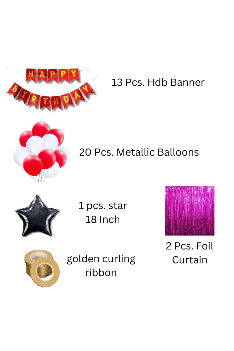 Happy Birthday Decoration Combo Set - 20 Pcs. Metallic Balloons, 1 Star Foil Balloons, 13 Pcs. Birthday Banner, 2 Pcs. Foil Curtain Party Backdrop Kit for Celebrations and Events (Mixture)