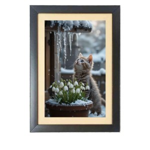 The cat is watching snow Photo Frame Funny Animal and Bird Cartoon Art, Black color, 15x19 Inch