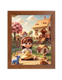 AI Funny Cute Girls with Toy Art Picture for Kids - 10x14 inches, Brown Color - Perfect Wall Decor for Children's Room