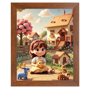 AI Funny Cute Girls with Toy Art Picture for Kids - 10x14 inches, Brown Color - Perfect Wall Decor for Children's Room
