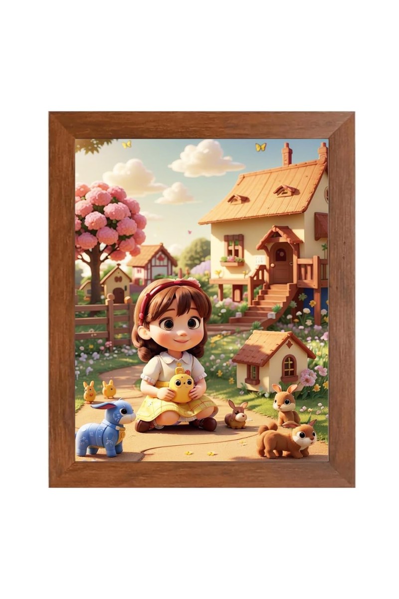 AI Funny Cute Girls with Toy Art Picture for Kids - 10x14 inches, Brown Color - Perfect Wall Decor for Children's Room