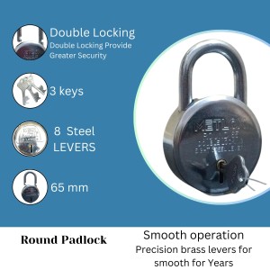 HiTechMart - METLOX Round Padlock 65mm with 8 Steel Levers, Double Locking Mechanism, Heavy Duty Iron Body with 3 Keys – Ideal for Home, Office, and Outdoor Security
