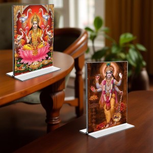 Car Desk/Table Top Maa Lakshmi Lord Narayan Acrylic T-Style Photo Stand - 2.5x3.5 Inches, Compact and Stylish Spiritual Display, easily change 2 photos (Pack of 1)