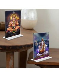 Sri Hanuman & Lord Shiva Acrylic T-Style Photo Stand - 5x7 Inches, Compact and Stylish Spiritual Display, easily change 2 photos (Pack of 1)