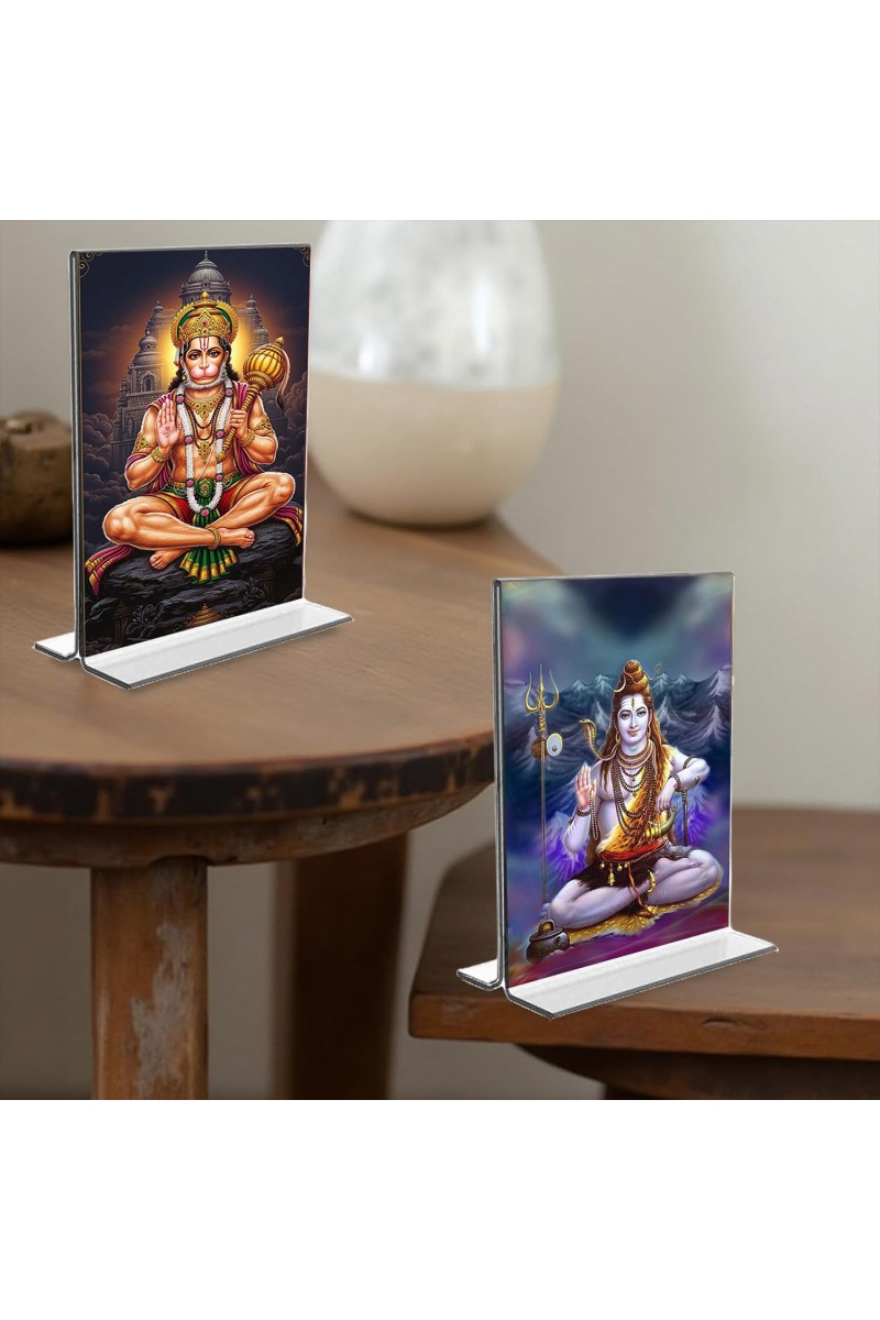 Sri Hanuman & Lord Shiva Acrylic T-Style Photo Stand - 5x7 Inches, Compact and Stylish Spiritual Display, easily change 2 photos (Pack of 1)