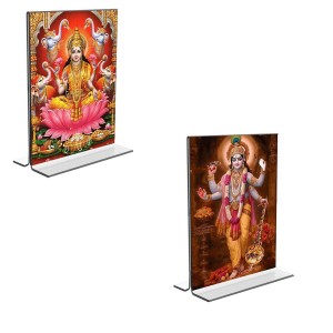 Car Desk/Table Top Maa Lakshmi Lord Narayan Acrylic T-Style Photo Stand - 2.5x3.5 Inches, Compact and Stylish Spiritual Display, easily change 2 photos (Pack of 1)