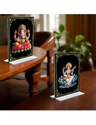 Sri Ganesh & Debi Saraswati Acrylic T-Style Photo Stand - 11x13 Inches, Compact and Stylish Spiritual Display, easily change 2 photos (Pack of 1)