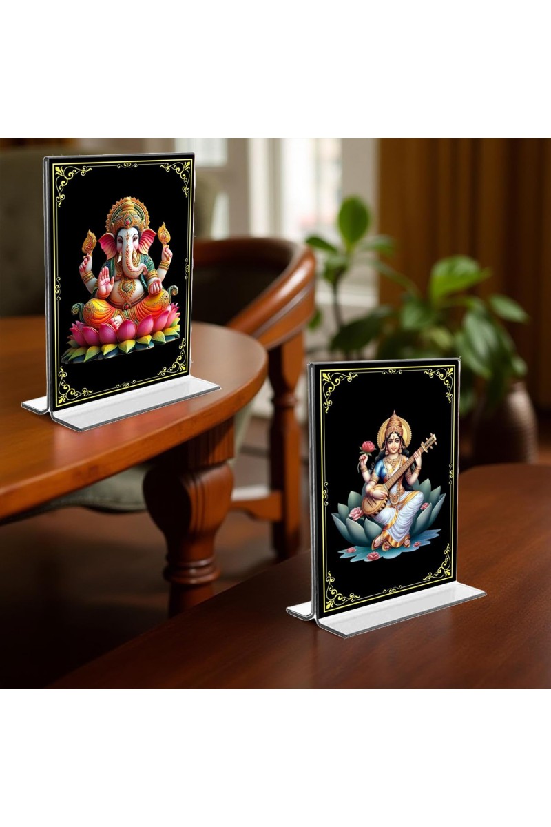 Sri Ganesh & Debi Saraswati Acrylic T-Style Photo Stand - 11x13 Inches, Compact and Stylish Spiritual Display, easily change 2 photos (Pack of 1)