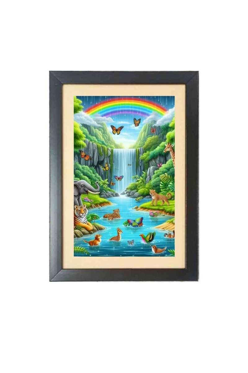 Animals and birds in rainbow Photo Frame Funny Animal and Bird Cartoon Art, Black color, 17x21 Inch