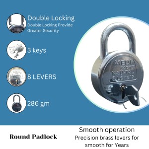 HiTechMart Heavy Duty 8-Lever Round Iron Padlock with 3 Keys, Rust-Resistant, Durable Security Lock for Home, Office, and Outdoor Use (Silver Finish)