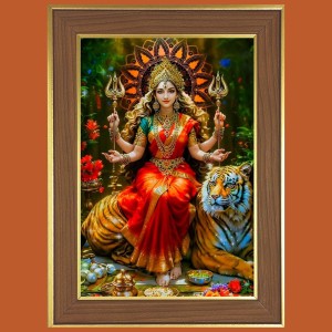 Vaishno Devi Matha Photo Frame - 12x16 Inches, Brown Wooden Frame for Home, Office & Temple Decoration