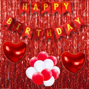 Happy Birthday Decoration Combo Set - 20 Pcs. Metallic Balloons, 2 love Foil Balloons, 13 Pcs. Birthday Banner, 2 Pcs. Foil Curtain Party Backdrop Kit for Celebrations and Events (Red)