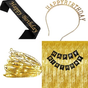 Party Decoration Combo – Hairband, Tuni LED Bulb, Birthday Sash & Foil Curtain – Perfect Birthday Celebration Set for Girls & Women (COPPER)