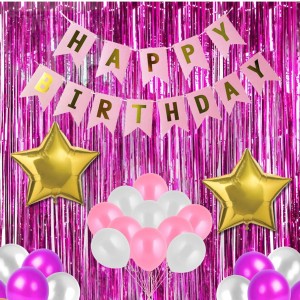 Happy Birthday Decoration Combo Set - 20 Pcs. Metallic Balloons, 1 Star Foil Balloons, 13 Pcs. Birthday Banner, 2 Pcs. Foil Curtain Party Backdrop Kit for Celebrations and Events (Pink)