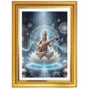 Maa saraswati matha Photo Frame - 10x14 Inches, Brown Wooden Frame for Home, Office & Temple Decoration