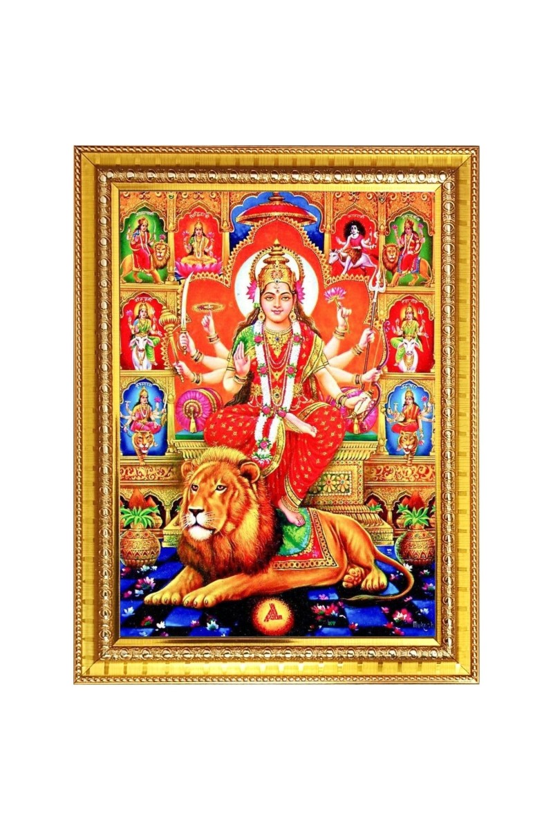 Goddess durga maa Photo Frame - 14x18 Inches, Brown Wooden Frame for Home, Office & Temple Decoration