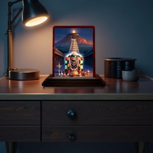 Car Desk/Table Top Arunachaleshwara Temple Wooden Photo Stand 3x4 Inches, Compact & Stylish Spiritual Display For Car, Home & Office (Pack Of 1) (F14336)