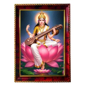 Goddess Saraswati Photo Frame For Wall & Table | 7x9 Inch Golden Cherry Finish | Decorative Goddess Saraswati Photo Frame For Home, Office & Pooja Room (F11918)
