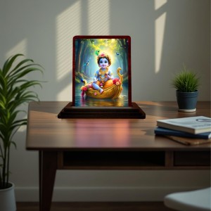 Car Desk/Table Top Lord Krishna Wooden Photo Stand 3x4 Inches, Compact & Stylish Spiritual Display For Car, Home & Office (Pack Of 1) (F14511)