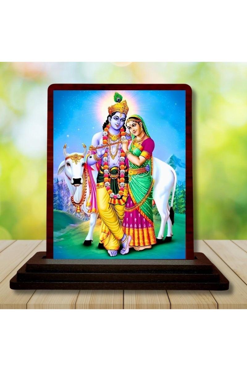 Car Desk/Table Top Lord Radha Krishna Wooden Photo Stand 3x4 Inches, Compact & Stylish Spiritual Display For Car, Home & Office (Pack Of 1) (F15111)