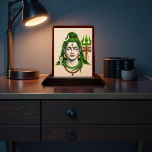 Car Desk/Table Top Lord Shiva Wooden Photo Stand 3x4 Inches, Compact & Stylish Spiritual Display For Car, Home & Office (Pack Of 1) (F14218)